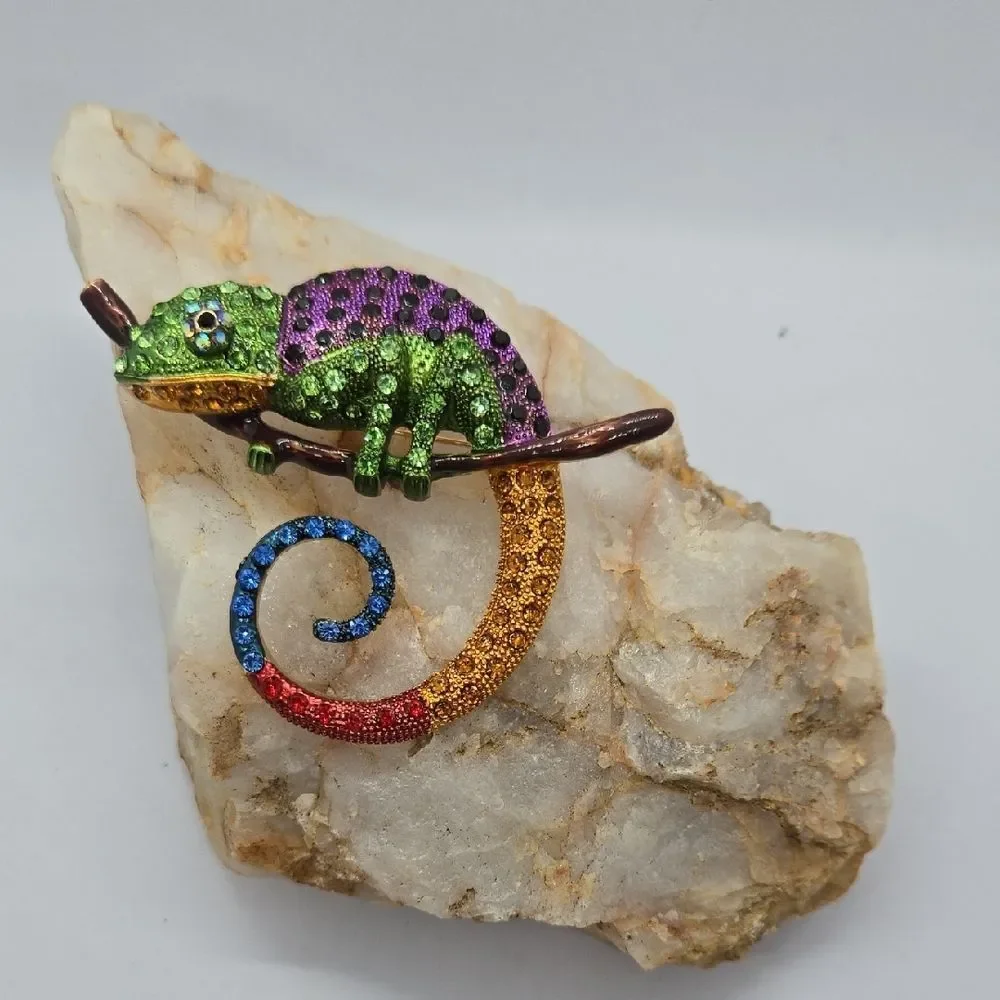 Colorful Chameleon Rhinestone Brooch Large Crystal Reptile Lizard Pin Statement